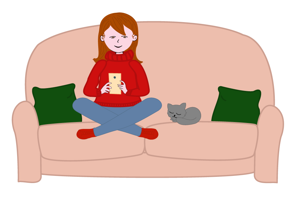 illustration fille et chat sur canape